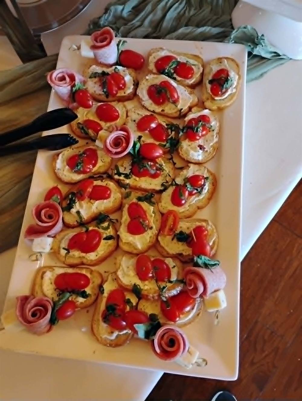 Tray of tomato basil crostini appetizers